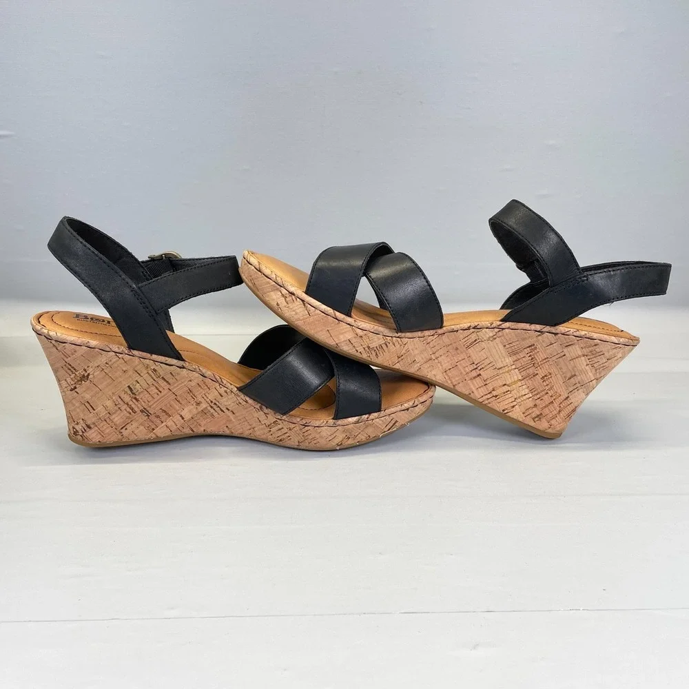 Born Alaina Platform Wedge Sandals Womens Size 10 Black Leather Ankle Strap Shoe